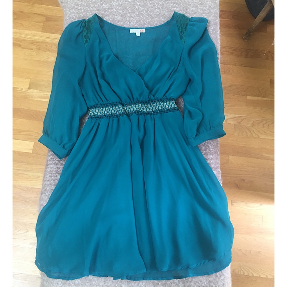 Sheer turquoise dress with 3/4 sleeves & detailing